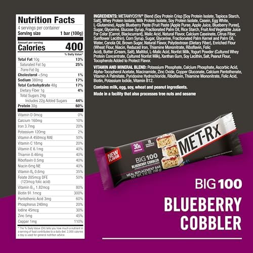 MET-Rx Big 100 Colossal Protein Bars, Healthy Meal Replacement Snack, Blueberry Cobbler, 3.52 oz, 4 Count