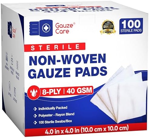 Gauze Care Non-Woven Sterile Gauze Pads 4x4, Pack of 100, 8-Ply, Soft, Lint-Free, Individually Wrapped, Sterile, Absorbent, Breathable, Perfect for Wound Care