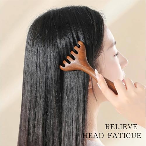 Sandalwood Massage Comb, Long Handle Wooden Scalp Massager, Gua Sha Tool for Head, Neck and Face, Scalp Acupoint Relaxation