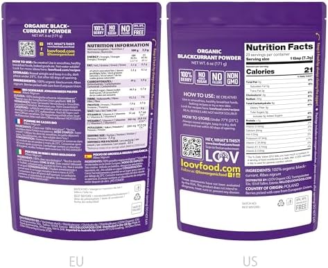 LOOV Blackcurrant Powder Organic, Made from 100% Whole Blackcurrants, Freeze Dried and Powdered Organic Blackcurrants, 6 Ounces, 23-Day Supply, Grown in Northern Europe, no Added Sugar