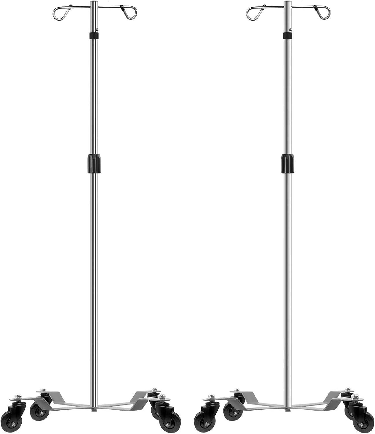 IV Poles IV Stands 2 Hooks 4 Legs Portable Rolling with Stainless Steel Adjustable Height, 2PCS