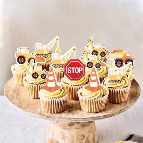 60 PCS Edible Construction Cupcake Toppers Stop Sign Dump Truck Excavator Tractor Party Cake Decorations Edible Cupcake Food Picks for Construction Theme Baby Shower Kids Birthday Party Supplies
