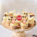 60 PCS Edible Construction Cupcake Toppers Stop Sign Dump Truck Excavator Tractor Party Cake Decorations Edible Cupcake Food Picks for Construction Theme Baby Shower Kids Birthday Party Supplies