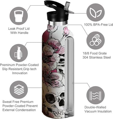 Skull Sport Water Bottle with Straw, Vacuum Insulated Stainless Steel Thermal Drinking Travel Mug Cups For Gym Fitness Camping-20oz/600ml