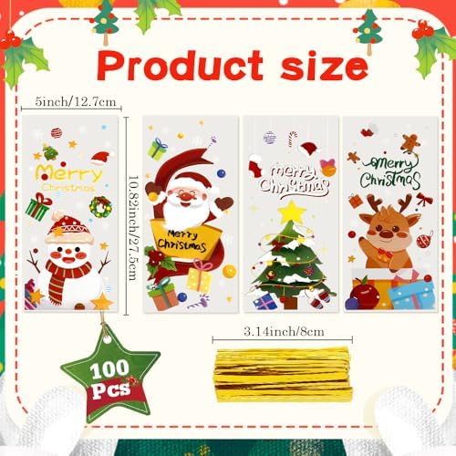 100 PCS Christmas Cellophane Treat Bags(5x11 Inch) with Tie, Plastic Christmas Bags for Candy Goodie Goody Cookie Gift Wrap Xmas Santa Pouches Frozen Winter Holiday Party Favors Supplies Decorations