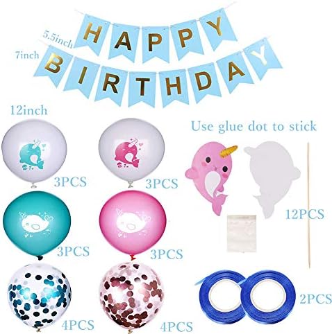 Narwhal Birthday Party Supplies Kit, Narwhal Theme Decorations Include Narwhal Ballons, Cupcake Topper and Blue Birthday Banner Set for Kids Ocean Theme Party