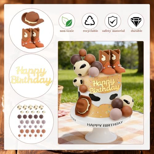 Cowboy Cake Topper - 39 pcs Cowboy Cake Decorations Include Cowboy Hat and Boot Balls for Western Cowboy Birthday Baby Shower Party Decorations