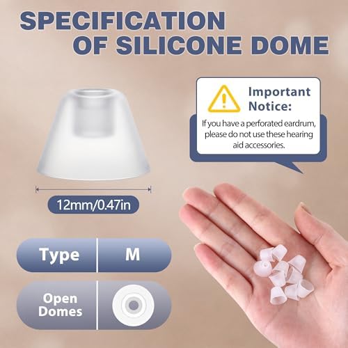 10Pcs Hearing Aid Domes Replacement, 12mm Medium Size, Compatible with Audien Hearing Aids, Soft Silicone Dome Earbuds, Silicone Ear Buds Replacement for Daily Maintenance(Open Round)