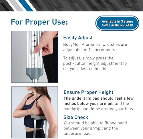 BodyMed Aluminum Crutches for Adults and Children – Pair of Lightweight, Height Adjustable Crutches – Includes Padded Underarm Cushions, Hand Grips, & Rubber Tips – Max. Weight Capacity 300 lb.