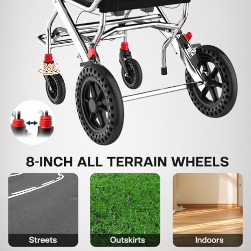 Aluminum Lightweight Foldable Transport Wheelchair with Collapsible Stand, 12" Rear Wheels & Breathable Seat Folding, Portable, Wheelchair for Adults, 18-Inch Wide Seat