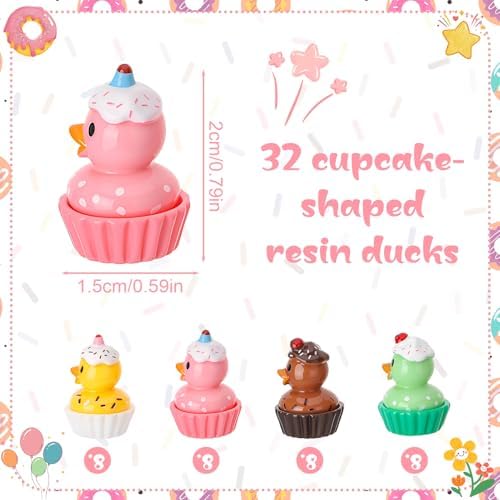 32 Pack Cupcakes Ducks Toy Figures, Novelty Cupcakes Duck, Tiny Ducks to Hide, Birthday Party Favor Gift Decoration (4 Styles)