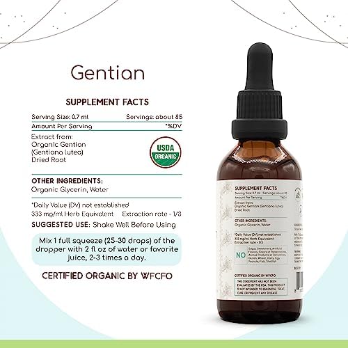 Gentian B60 Alcohol-Free Herbal Extract Tincture, Concentrated Liquid Drops Natural USDA Organic Gentian (Gentiana Lutea) Dried Root (2 fl oz)