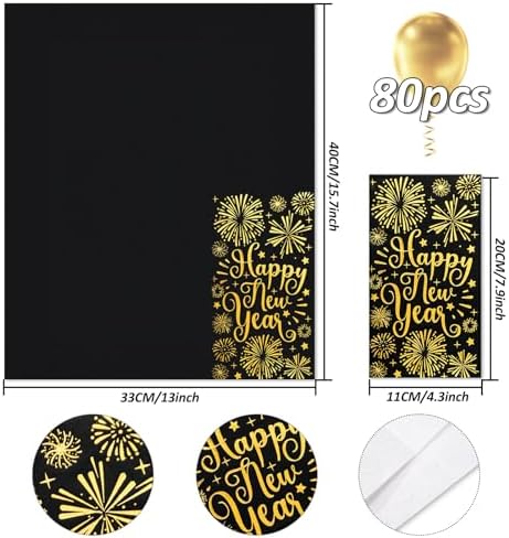Whaline 80Pcs Happy New year Guest Paper Napkin Black Gold Foil Firework Disposable Guest Hand Towel Christmas Bathroom Napkin for Party Table Decor