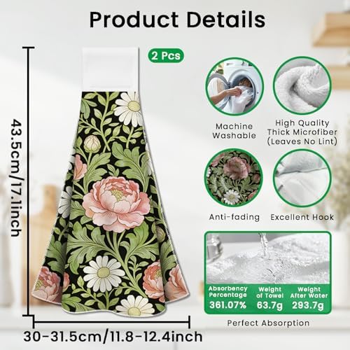 CUTHOLLOW William Morris Floral Hanging Kitchen Towels with Loop, Set of 2 - Soft & Super Absorbent Microfiber Decorative Hanging Dish & Hand Towel, Tea, Coffee Towel for Kitchen Bathroom Oven Handle