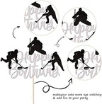 1 PCS Hockey Cake Topper Glitter Happy Birthday Sign Cake Decorations Ice Hockey Player Sports Theme Cake Pick for Hockey Theme Baby Shower Boys Girls Birthday Party Supplies Silver