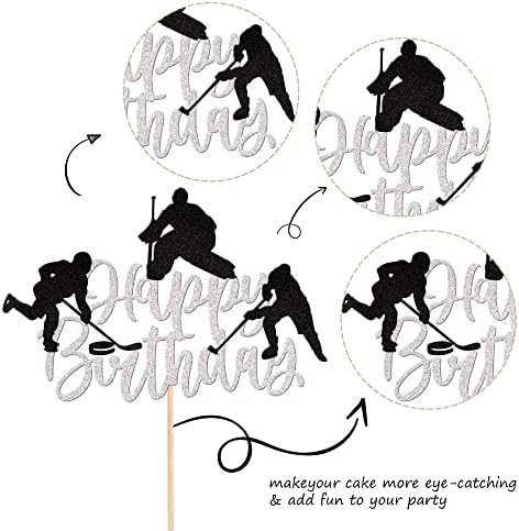 1 PCS Hockey Cake Topper Glitter Happy Birthday Sign Cake Decorations Ice Hockey Player Sports Theme Cake Pick for Hockey Theme Baby Shower Boys Girls Birthday Party Supplies Silver