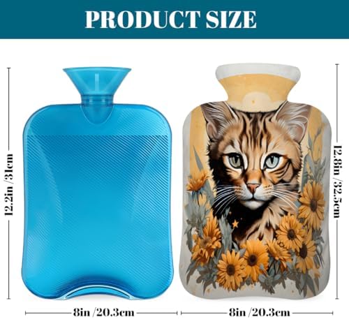 Hot Water Bottle with Cover, Animal Cat Sunflower 2L Hot Water Bag for Hot/Cold Compress, Hand Feet Warmer, Menstrual Cramps, Neck and Shoulder Pain Relief
