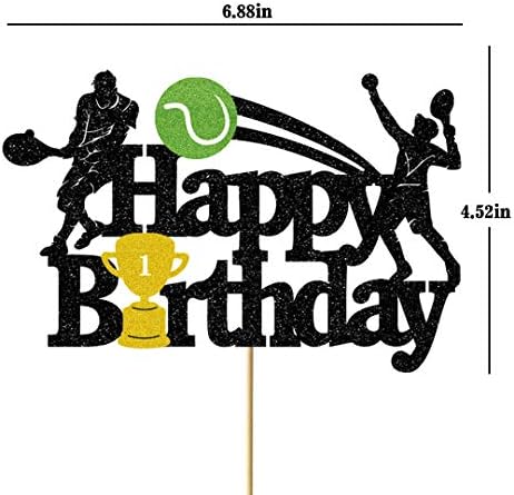 Tennis Cake Toppers - Black Glitter Tennis Player Cake Decorations for Boys & Men - Happy Birthday Party Supplies