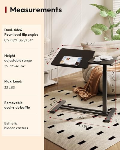 SANODESK Small Rolling Overbed Table Adjustable Height with Wheels, Mobile Laptop Desk with Tilting Desktop, Portable Computer Workstation for Home Office, Classroom, Bedside, Black
