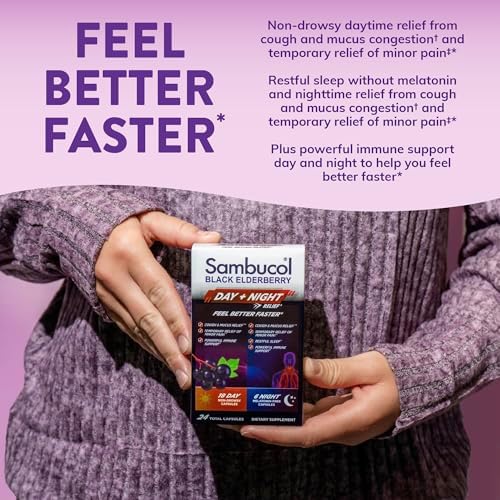 Sambucol Black Elderberry Day & Night Relief - Feel Better Faster, Non-Drowsy Daytime Relief for Men & Women, Restful Sleep for Adults, Melatonin-Free - 24 Capsules, 1 Pack