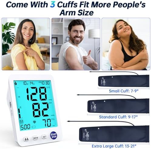 Upper Arm Electronic Blood Pressure Monitor 3 Size Cuffs(S,M/L,XL),Small 7-9",Medium/Large 9-17" and Extra Large Cuff 13-21" Adjustable Blood Pressure Cuff Large LCD Display with Battery & USB Cable