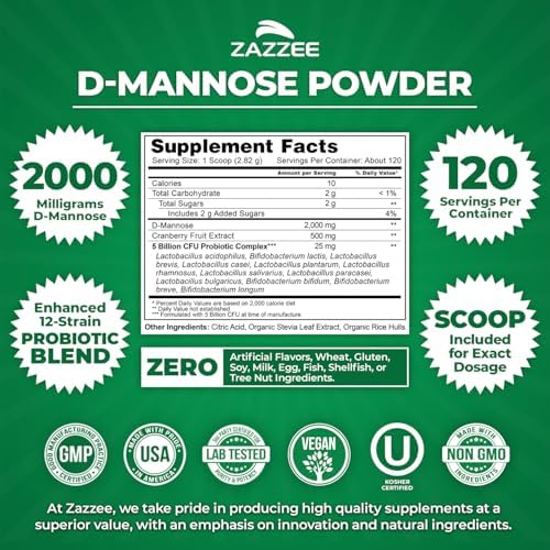 Zazzee D-Mannose Powder Plus, 2000 mg, 120 Servings, Plus 5 Billion CFU Probiotics and Pure Cranberry Juice Extract, Certified Kosher, Free Scoop, 11.94 oz, Urinary Tract Support, Non-GMO