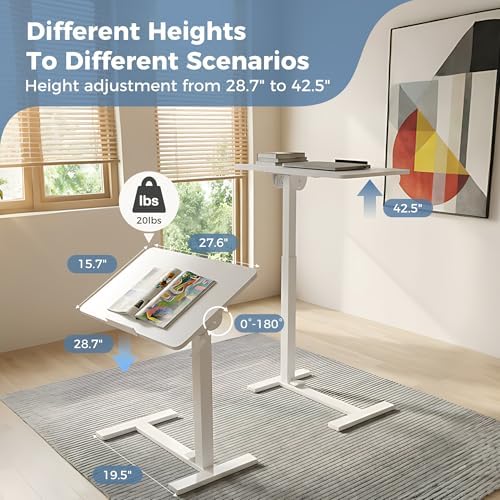 DUMOS Adjustable Overbed Bedside Table with Hidden Wheels, Mobile Standing Desk with Pneumatic Lift, Portable Computer Workstation Cart for Bed, Couch, Office, Sofa, White