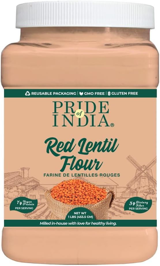 Pride of India- Red Lentil Flour 1 lbs (454 gm) Hint of Sweetness Slightly Nutty Earthy Flavor Freshly Milled in Small Batches |Ideal for Cakes Sauces Pasta Crepes Meatballs | Vegan, Gluten Free