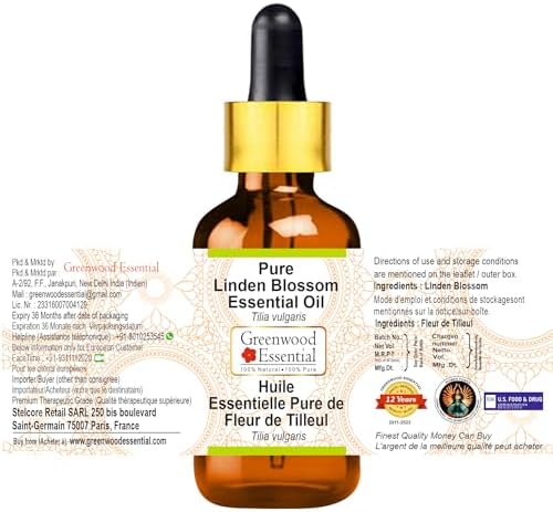 Greenwood Essential Linden Blossom Essential Oil (Tilia vulgaris) with Glass Dropper | Pure | Non-Sticky | Non-Greasy | Lightweight | Men & Women | All Skin Types | Steam Distilled 50ml (1.69 oz)
