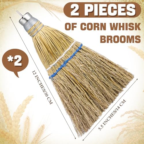 Suclain 2 Pcs 12 Inch Whisk Broom Hand Held Mini Corn Straw Whisk Broom Short Handle with Metal Hanger Halloween for Multi Surface Sweeping Small Hand Brush for Outdoor Car Porch Debris Dust Dirt