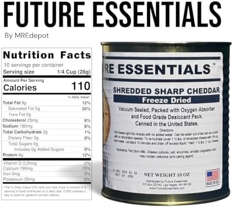 Future Essentials Freeze Dried Shredded Sharp Cheddar Cheese 10 Oz Per Can Shelf-Stable, Long-Term Storage (25-Year Shelf Life) Survival & Emergency Food, Great for Camping, Hunting & Prep Pack of 1