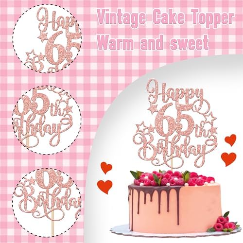 1 PCS Happy 65th Birthday Cake Topper Glitter Cheers to 65 Years Birthday Cake Pick Hello 65 Fabulous Cake Decoration for Happy 65th Birthday Anniversary Party Decorations Supplies Rose Gold