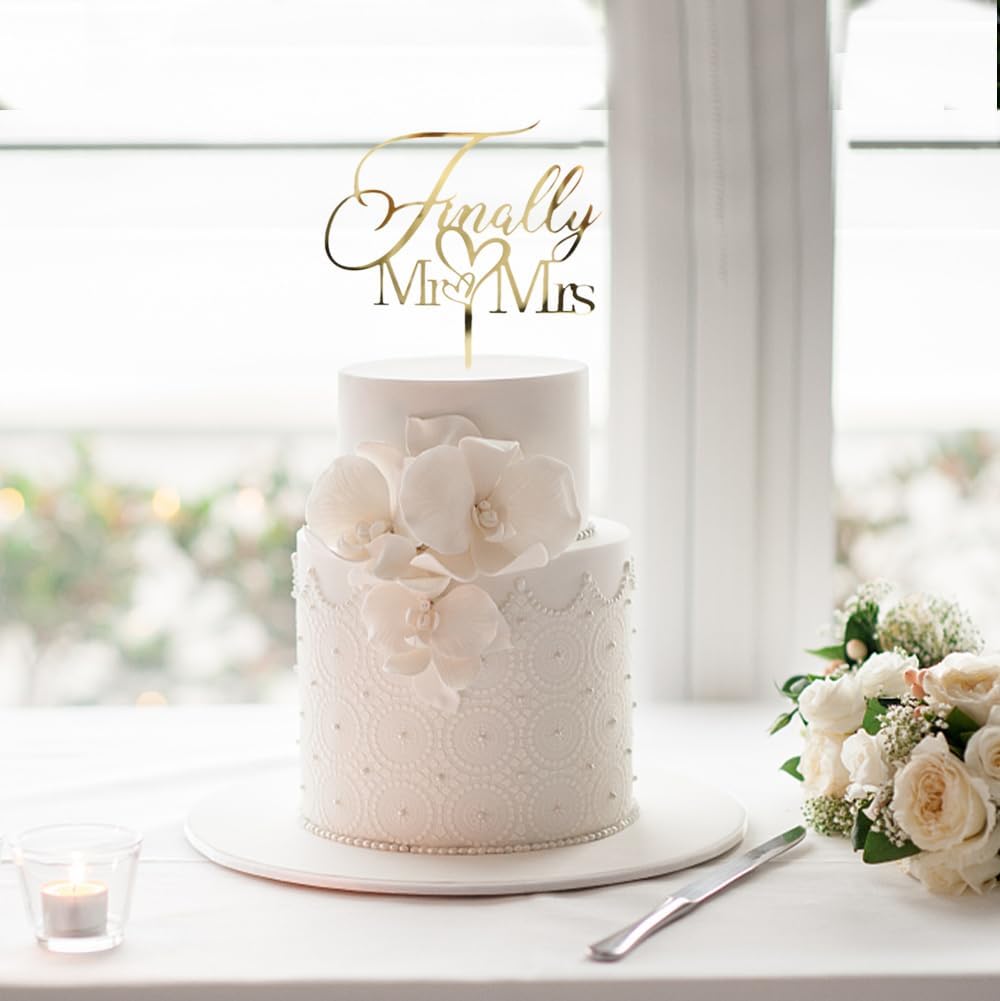 Finally Mr & Mrs Cake Topper,Elegant Cake Topper For Wedding Anniversary, Romantic Wedding Party Decorative Cake Toppers (Acrylic Gold)