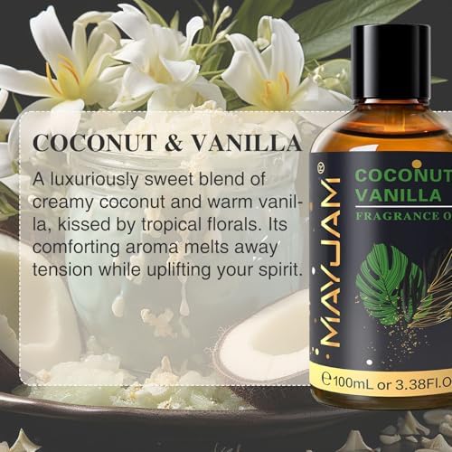 MAYJAM 100ML/3.38FL.OZ Coconut & Vanilla Fragrance Oils with Glass Dropper, Essential Oils for Diffusers for Home, Long Lasting Scented Oils for Diffusers Soap Candle Making