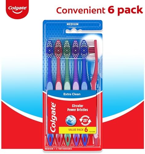 Colgate Extra Clean Toothbrush, Medium Toothbrush for Adults, 6 Pack