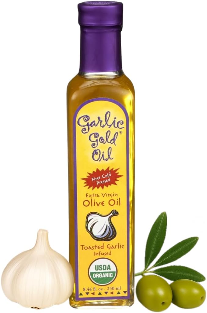Garlic Gold Extra Virgin Olive Oil Infused with Garlic, Premium Certified USDA Organic, Low FODMAP, Cold Pressed (8.44 Fl Oz)