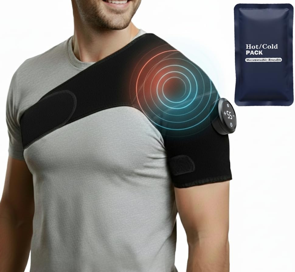Cordless Shoulder Heating Pad with Vibration & Cold Gel Pack, Heat, Cool&Massage Support Wrap 6 Heat Level, 3 Vibration Mode, Adjustable Neoprene Shoulder Brace for Rotator Cuff Pain Relief Men&Women