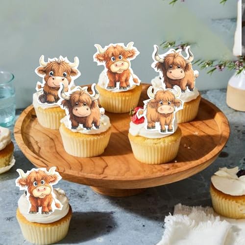 60 Pack Edible Highland Cow Cupcake Toppers Highland Cupcake Picks Water Paper Cute Highland Cow Cattle Farm Birtyday Cupcake Decorations for First Birthday Baby Shower Kids Birthday Party