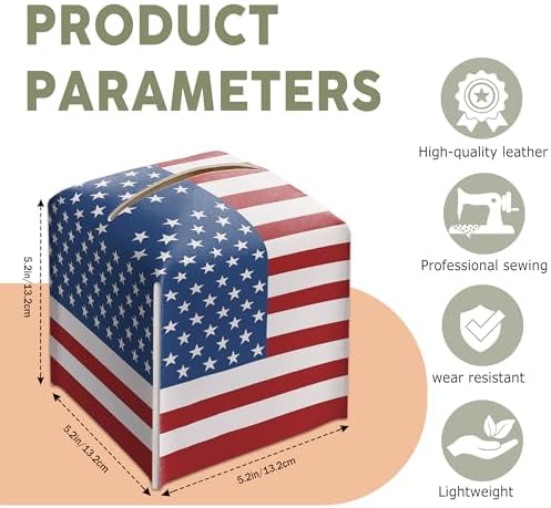 Tissue Box Holder Square, Car Napkin Holder Gift Ideas for Friends Family Coworkers, American Flag Decorative Tissue Box for Office Farmhouse, Patriotic Housewarming Gift(5.2 Inches)-A75