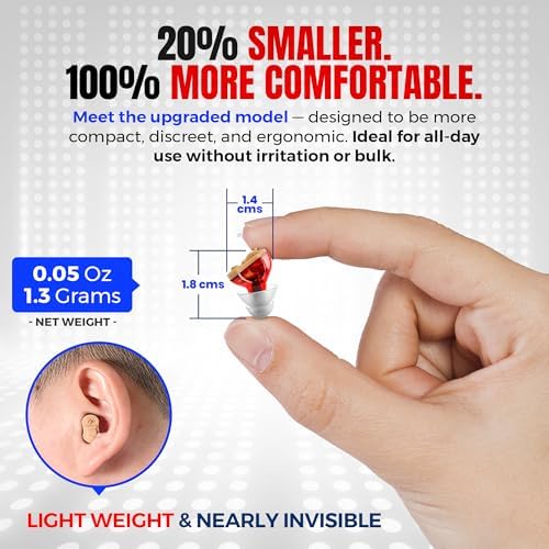 Premium Digital Hearing Amplifier - Invisible in Canal (CIC) In-Ear Mini Sound Enhancer, Near-Invisible, Noise Cancelling, Personal Sound Hearing Amplifier - Right Ear, Red - MZ-38