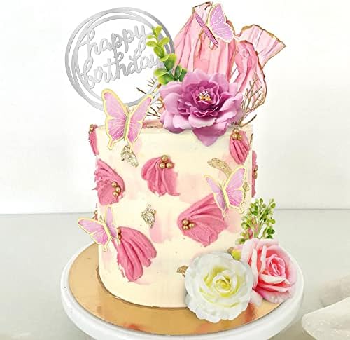 19 PCS Flower Cake Toppers Butterfly Cake Decorations with Artificial Pink Rose Flowers Eucalyptus Butterflies for Girls Birthday Party Wedding Baby Shower Supplies (HOT PINK)