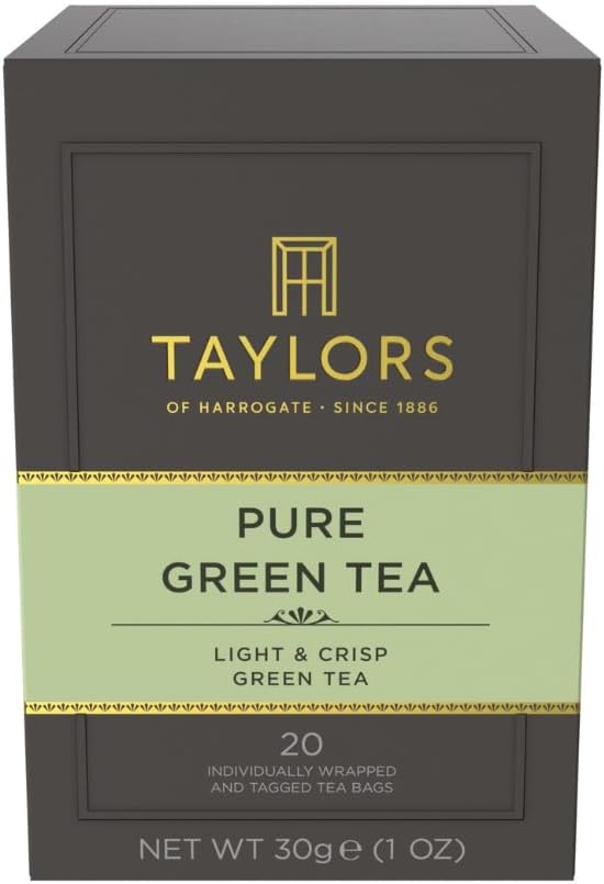 Taylors of Harrogate Pure Green Tea, Individually Wrapped Bags, 20 Count (Pack of 1), Delicate, Mellow and Crisp, Caffeinated, Enjoy Hot or Iced, 20 Teabags