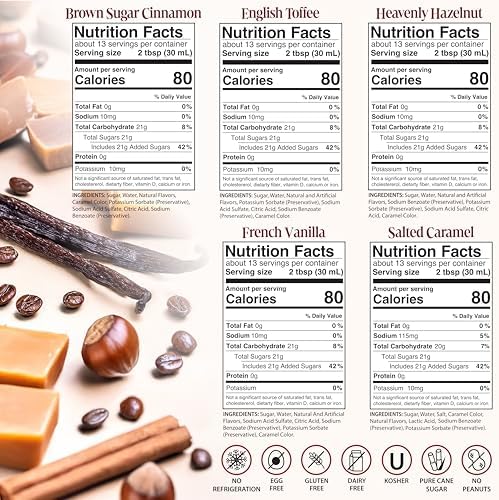 Barista's Secret® Coffee Syrups Variety Pack – Gourmet Flavored Syrup Set for Coffee, Drinks & Desserts – French Vanilla, Caramel, Hazelnut, Toffee, Brown Sugar Cinnamon – 5 Pack, 12.7 oz Each