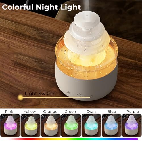 Humidifiers for Bedroom, Rain Cloud Humidifier with 7 Colors Night Light, Simulate Falling Raindrops Small Humidifier Aroma Diffuser for Sleeping, Relaxing (Fountain-White)