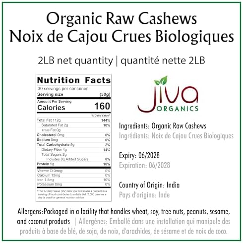 Jiva Organics Raw Organic Cashews (Whole) 2 Pound Bag