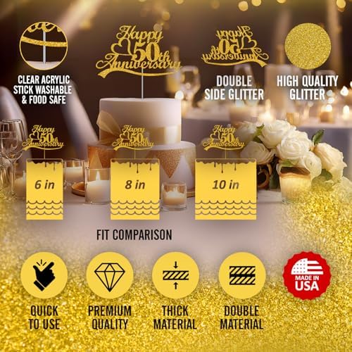 50th Anniversary Cake Topper Gold Glitter, 50 Wedding Anniversary Party Decoration Ideas, Premium Quality, Sturdy Doubled Sided Glitter, Acrylic Stick. Made in USA (50th Gold)