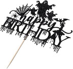 Halloween Happy Birthday Cake Topper,Spooky Haunted House Black Glitter Cake Supplies,Spider Bat Creepy Scary Halloween Themed Birthday Party Decorations for Kids/Adult