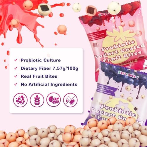 Zofia Sweet Yogurt Covered Fruit Snacks Variety Pack, 0.7oz - 12 Pouches Net 8.5oz (Strawberry 6 + Blueberry 6), Yogurt Coated Probiotic Fruits Bites, Dietary Fiber + Real Fruit, Healthy Snacks, 120Ct