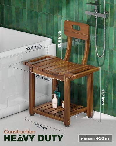 BLUEWEST 23.4'' Shower Chair with Backrest Bath Chair for Inside Shower or Tub, Heavy Duty 450 lbs Support, Non-Slip Feet, Shelf Storage, Built-in Handles for Elderly or Adults (Acacia)