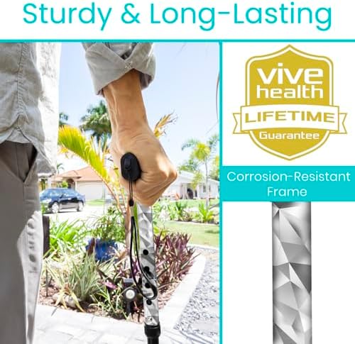 Vive Folding Cane - Foldable Walking Cane for Men, Women - Fold-up, Collapsible, Lightweight, Adjustable, Portable Hand Walking Stick - Balancing Mobility Aid - Sleek, Comfortable T Handles